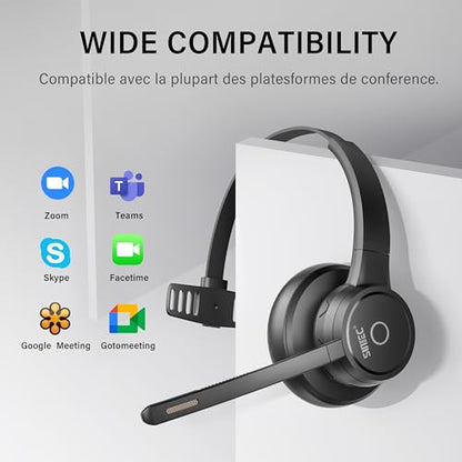 Bluetooth Headset with Noise Cancelling Microphone: Wireless Headphones with Mic Mute Charging Dock and USB Dongle for Work from Home/Office/PC/Computer/Laptop/Call Center/Zoom/Teams