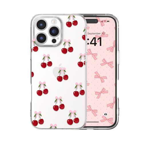 for iPhone 16 Pro Case, Big Cherries | Cute Bow Cherry Aesthetic Clear Ribbon Pattern Women Girls, Girly Transparent Soft Slim TPU Shockproof Protective Cover - color: Big Cherries, size: for iPhone 16 Plus
