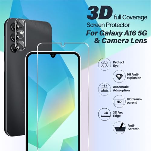 BIGFACE Galaxy A16 Tempered Glass Screen Protector + Camera Lens Protector [2 + 2 Pack][Case Friendly][Anti-Scratch][Ultrasonic Fingerprint Unlock] HD Protective Film for Samsung Galaxy A16 - size: galaxy A16(6.7")
