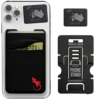 Gecko Travel Tech Double Pocket - Adhesive Card Holder - Cell Phone Pouch - Stick on Spandex Pocket - Carry Credit Cards and Cash (Logo - RED) - color: LOGO - RED