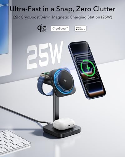 ESR 3 in 1 Charging Station, Qi2.2 25W MagSafe Charger Stand w/Cryoboost - color: Black