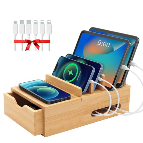 Bamboo Multi Device Charging Station Organizer with Drawer & Tray, Desk Docking Station Includes 6 Cables for iPhone, Cell Phones, Tablets, Power Banks for Home Office Nightstand (No USB Charger)