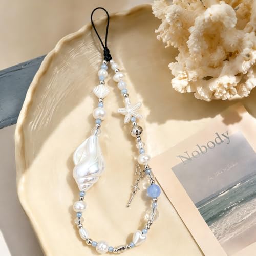 Cute Beaded Camera Wrist Strap for Phone, Digital Camera Charm Lanyard, Pearl Beaded Chain for Bag Keychain Gift - color: White Conch