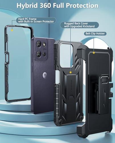 FNTCASE for Motorola Moto G Power 5G 2025 Case with Belt Clip and Kickstand | Built-in Screen Protector, 20FT Military-Grade Drop Protection, Rugged Heavy Duty Shockproof Holster Protective Cover - color: Black