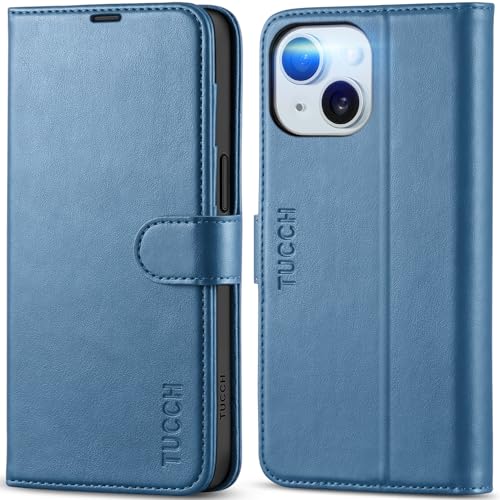 TUCCH Wallet Case for iPhone 15 (6.1") 2023, Flip Stand, Light Blue | RFID Blocking, 4 Card Holders, Kickstand, PU Leather, Shockproof TPU Shell, Magnetic Closure, Protective Folio Cover - color: Light Blue