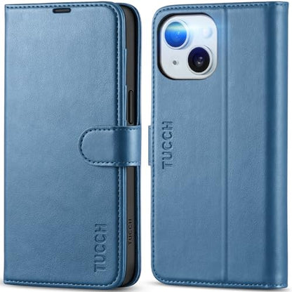 TUCCH Wallet Case for iPhone 15 (6.1") 2023, Flip Stand, Light Blue | RFID Blocking, 4 Card Holders, Kickstand, PU Leather, Shockproof TPU Shell, Magnetic Closure, Protective Folio Cover - color: Light Blue