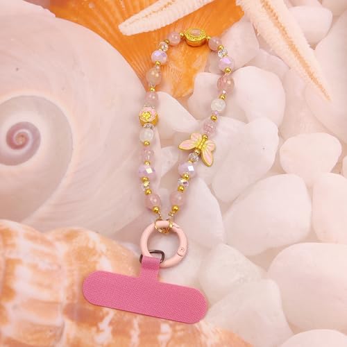 Cute Phone Wrist Strap Chic Beaded Cellphone Lanyard Phone Charm Grip Strap - color: Pink Butterfly