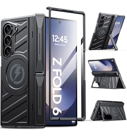 Magnetic for Galaxy Z-Fold-6 Case: Heavy Duty Armor Phone Case [Compatible with MagSafe][Hinge Protection][Dual Kickstand] Shockproof TPU+PC Cover for zfold 6 5G 2024 Black - color: Black