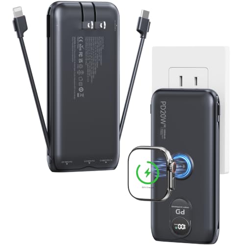 Portable Charger 10000mAh 20W, Wall Plug, 2 Cables, iWatch Charging - color: Cosmic Black