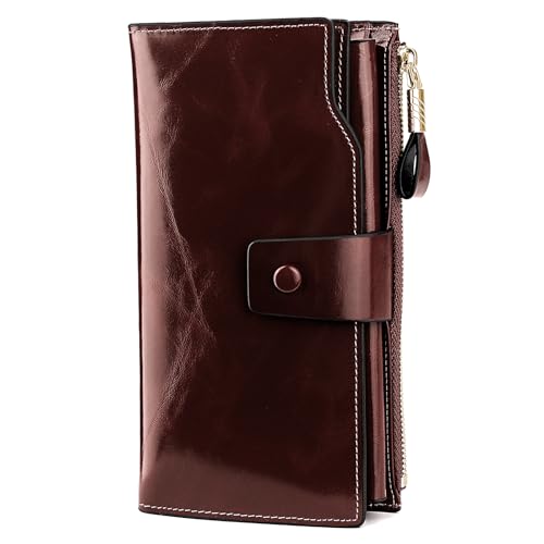 YALUXE Women's Real Leather Wallet RFID Protect 21 Card Slots Phone Pocket - color: 6- Waxed Coffee, size: Genuine Leather