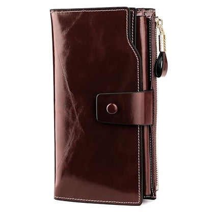 YALUXE Women's Real Leather Wallet RFID Protect 21 Card Slots Phone Pocket - color: 6- Waxed Coffee, size: Genuine Leather