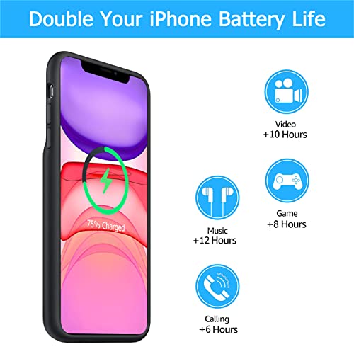 Battery Case for iPhone 11, [10000mAh] Enhanced Rechargeable Portable Protective Qi Wireless Charger Case Pack Support CarPlay Wireless Charging Case Compatible with iPhone 11 (6.1 inch)-Black - size: iPhone 11