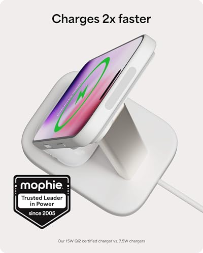 Mophie 2-in-1 Wireless Charging Stand - Qi2-Certified, MagSafe Charger for iPhone & AirPods – Fast Charging Station with Adjustable Phone Stand & Cable Management – Up to 15W Power - color: White, size: 2-in-1 iPhone/ Apple Airpods Charging Stand