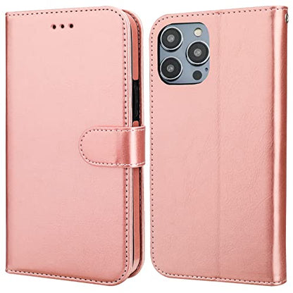 Bocasal Detachable Wallet Case Card Holder for iPhone 14 Pro Max Rose Gold | RFID Blocking Kickstand Card Slots Holder PU Leather Magnetic Shockproof Wrist Strap Removable Flip Protective Cover 6.7 inch - color: Rose Gold