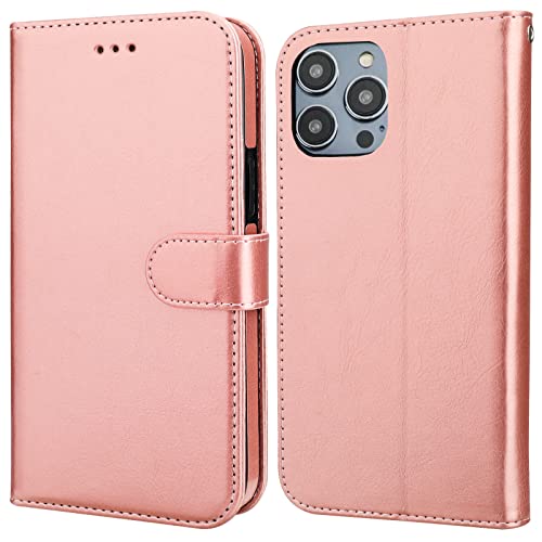 Bocasal Detachable Wallet Case Card Holder for iPhone 14 Pro, Rose Gold | RFID Blocking Kickstand Card Slots Holder PU Leather Magnetic Shockproof Wrist Strap Removable Flip Protective Cover 6.1 inch - color: Rose Gold