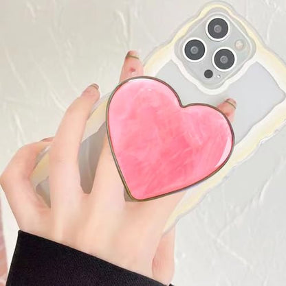 PGONA Cute Pink Heart Collapsible Phone Grip - Kawaii Seashell Pattern Love Handle Phone Stand Holder for Women, Compatible with Kindle, iPad, iPhone