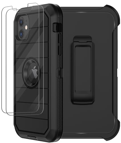 for iPhone 11 Case with Belt Clip Holster, 2 x Screen Protector, [Military Grade] Heavy Duty Full Body Shockproof Dust-Proof Drop Proof Rugged Protective Cover for Apple iPhone 11 (Black B) - color: Black B