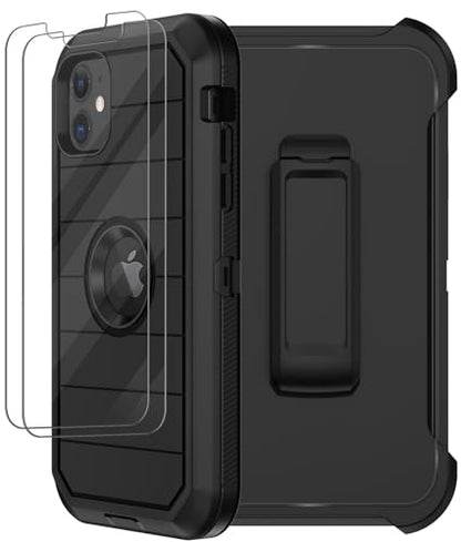 for iPhone 11 Case with Belt Clip Holster, 2 x Screen Protector, [Military Grade] Heavy Duty Full Body Shockproof Dust-Proof Drop Proof Rugged Protective Cover for Apple iPhone 11 (Black B) - color: Black B