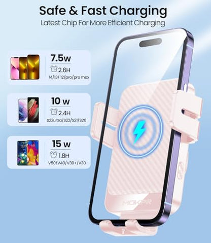 Wireless Car Charger 15W Fast Charging Dash Windshield Vent Car Mount - color: Light pink