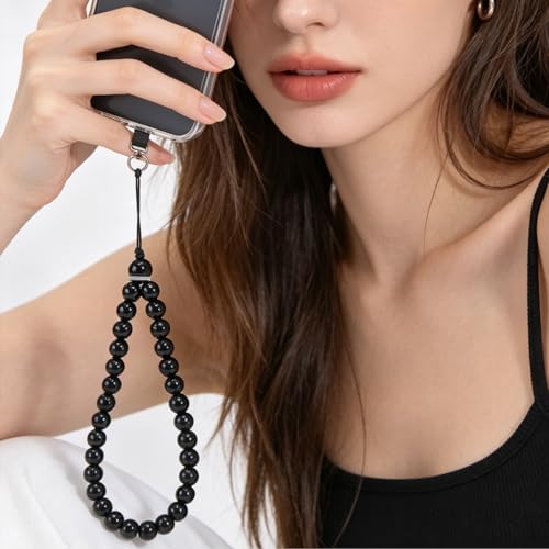 Agate Beaded Phone Wrist Strap for Women Men Stone Beads Charm Handmade Cellphone Chain Lanyard with Tether Tab - color: Black-2, size: 8mm Beads