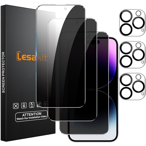 Lesakit 3+3 Pack Privacy Screen Protector for iPhone 14 Pro Max 6.7-Inch with 3 Pack Camera Lens Protector, Anti Spy Tempered Glass Film 9H Hardness Bubble Free Case Friendly - size: iPhone 14 Pro Max