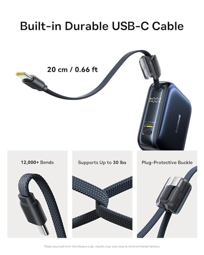 Baseus PicoGo AC22 Mini Power Bank, 10000mAh 45W PD Portable Charger Built-in USB-C Cable, Ultra Small Battery Pack, Fast Charging Battery Bank for iPhone Duo/18/17/16/15 Samsung S26/S25 Pixel iPad - color: Black