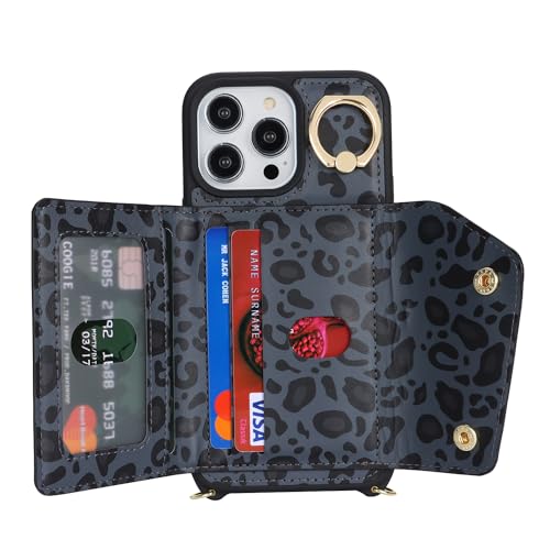 Lipvina Crossbody Wallet Case for iPhone 13 Pro,Black Leopard - color: 04-Black Leopard, size: iPhone 13 Pro 6.1"