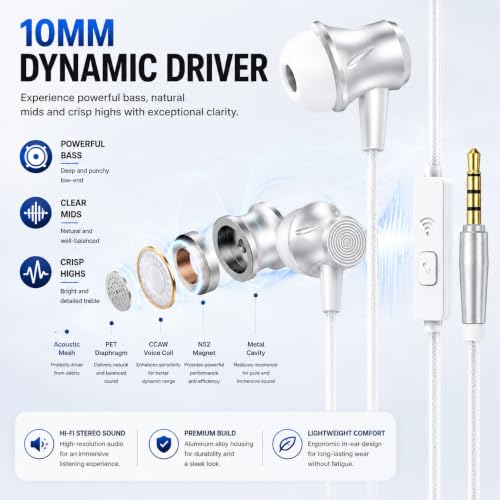 White Wired Earbuds with Microphone, 3.5mm in-Ear Headphones, Stereo Earphones with Volume Control for Laptop, PC, Tablet and Smartphones