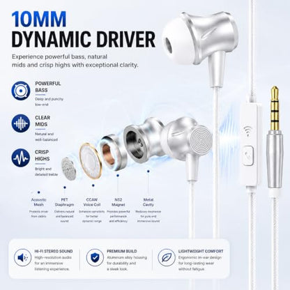 White Wired Earbuds with Microphone, 3.5mm in-Ear Headphones, Stereo Earphones with Volume Control for Laptop, PC, Tablet and Smartphones