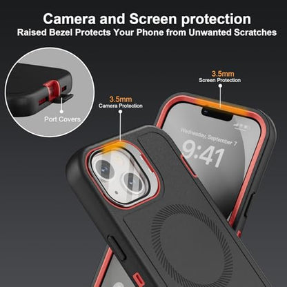 Follaroma for iPhone 13 Case with Stand & Built-in Camera Cover, MagSafe Compatible, Heavy-Duty Shockproof Protection, Magnetic & Rugged Phone Cover for iPhone 13 6.1'', Black-red - color: Black-red
