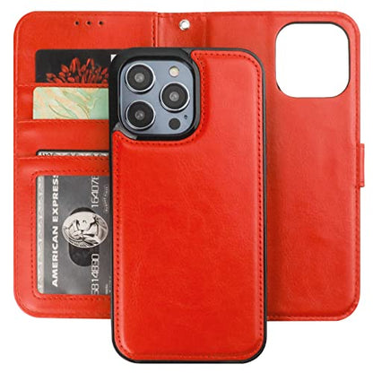 Bocasal Detachable Wallet Case Card Holder for iPhone 14 Pro Max Red | RFID Blocking Kickstand Card Slots Holder PU Leather Magnetic Shockproof Wrist Strap Removable Flip Protective Cover 6.7 inch - color: Red