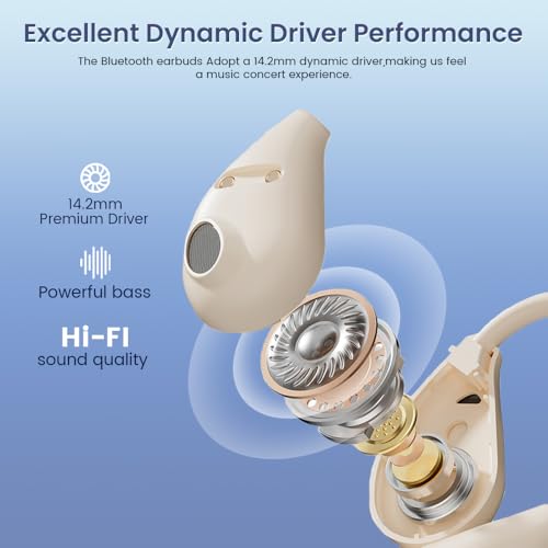 Open Ear Earbuds Wireless Bluetooth Headphones, 60Hrs Playtime, Stereo Sound Over Ear Buds with IPX7 Waterproof Noise Canceling Earphones, Ideal for Fitness, Travel - Off White - color: Off White