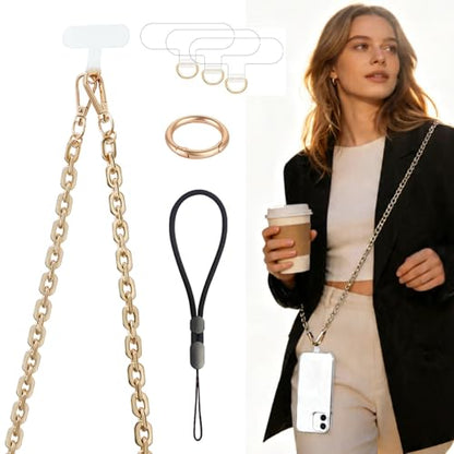 Crossbody Phone Strap Detachable Cell Phone Lanyard Chain Shoulder Neck with Wrist Strap Charm Finger Grip 3 Patches Tether Anti Theft Universal for iPhone 17 16 Pro Max 15 14 13 Samsung Gold - color: Y-gold