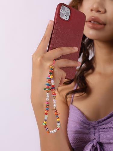 MINACHI Boho Beaded Wrist Strap Lanyard, Handmade Phone Keychain with Faux Pearls & Colorful Irregular Beads - color: Keychain Key.002