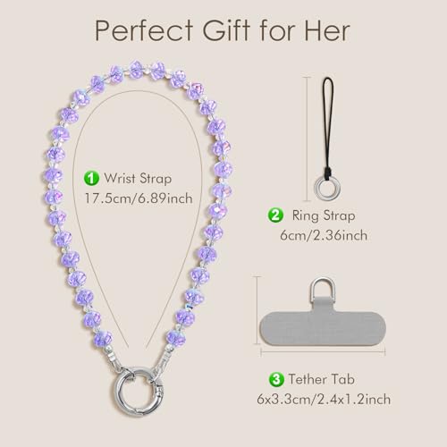 SURPHY Phone Charm, Handmade Beaded Phone Wrist Strap with Tether Tab - color: C- Crystals Purple