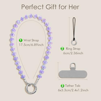 SURPHY Phone Charm, Handmade Beaded Phone Wrist Strap with Tether Tab - color: C- Crystals Purple