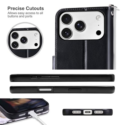 ULAK Compatible with iPhone 17 Pro Wallet Case with Card Holder, PU Leather Case with Kickstand Card Slots Wrist Strap, Durable Shockproof Protective Cover 6.3 Inch, Black Flower - color: Black, size: iPhone 17 Pro - 6.3 inch