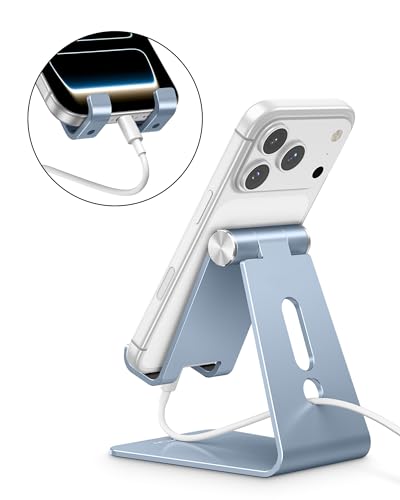 OMOTON Adjustable Cell Phone Stand, Aluminum Desktop Cellphone Stand with Anti-Slip Base and Convenient Charging Port, Fits All Smart Phones, Light Blue - color: Light Blue