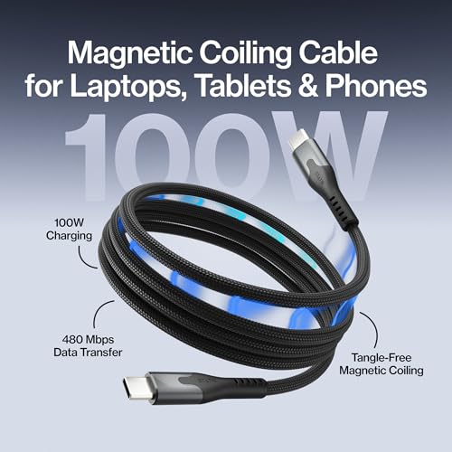 Statik MagStack Pro USB C to USB C Coiling Magnetic Charging Cable,100W - color: Black, size: 6ft, style: USB-C to USB-C