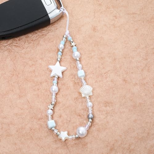 Cute Beaded Camera Wrist Strap for Phone, Digital Camera Charm Lanyard, Pearl Beaded Chain for Bag Keychain Gift - color: White Star