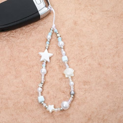 Cute Beaded Camera Wrist Strap for Phone, Digital Camera Charm Lanyard, Pearl Beaded Chain for Bag Keychain Gift - color: White Star