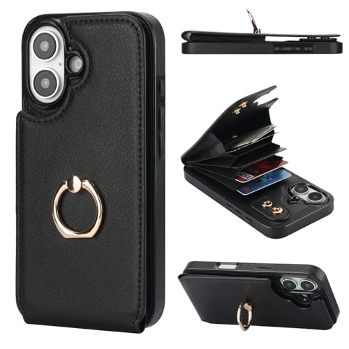 Folosu Compatible with iPhone 16 Case Wallet with Card Holder, 360°Rotation Finger Ring Holder Kickstand, RFID Blocking Leather Protective Double Buttons Shockproof Cover 6.1 Inch Black - color: Black