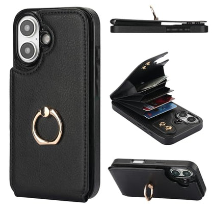 Folosu Compatible with iPhone 16 Case Wallet with Card Holder, 360°Rotation Finger Ring Holder Kickstand, RFID Blocking Leather Protective Double Buttons Shockproof Cover 6.1 Inch Black - color: Black