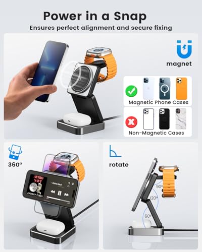 3-in-1 Wireless Charger for iPhone,15W Fast Wireless Charging Station Compatible with Mag-Safe Charger,Magnetic Foldable Travel Charger Stand Nightstand for iPhone 17/16/15/14,Apple Watch&AirPods - color: Black