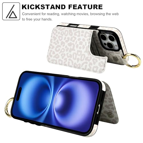 HAOPINSH for iPhone 16 Pro Max Wallet Case with Card Holder, White Leopard Cheetah Print Back Flip Folio PU Leather Kickstand Card Slots Case, Finger Grip Ring Double Magnetic Clasp Shockproof 6.9" - color: White Leopard Grip Ring