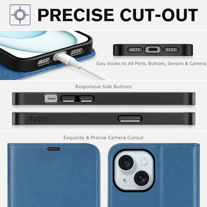 TUCCH Wallet Case for iPhone 15 (6.1") 2023, Flip Stand, Light Blue | RFID Blocking, 4 Card Holders, Kickstand, PU Leather, Shockproof TPU Shell, Magnetic Closure, Protective Folio Cover - color: Light Blue