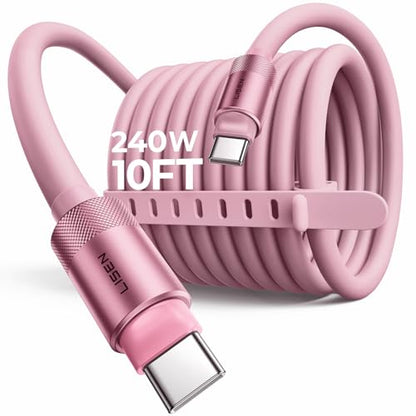 LISEN 10FT USB C Cable Fast Charging, Chubby 240W Cable USB C to USB C Fast Charging Soft Silicone USBC to USBC Parallel Cable for iPhone 17 Pro Max 16 15 Samsung S25 Ultra MacBook Pro Air iPad Pink - color: Pink, size: 10FT