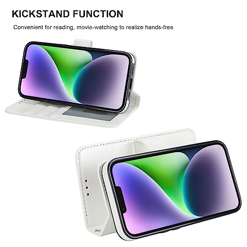 Bocasal Detachable Wallet Case Card Holder for iPhone 14, White | RFID Blocking Kickstand Card Slots Holder PU Leather Magnetic Shockproof Wrist Strap Removable Flip Protective Cover 6.1 inch - color: White
