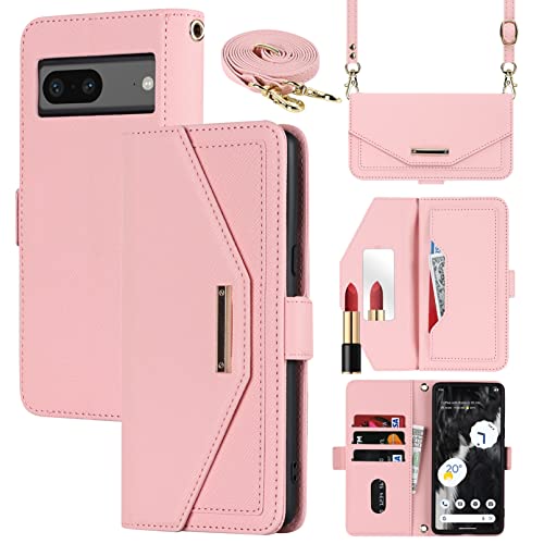 Crossbody Wallet for Google Pixel 7 Case with Strap,6.3",Pink | Long Shoulder Strap,Credit Card Holder, PU Leather, Handbag Purse, Kickstand, Make Up Mirror, Cover Case, for Women Girls - color: Pink
