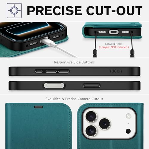 TUCCH Case Wallet for iPhone 17 Pro Max, RFID Blocking Folio, Bluish Green | 4 Card Holders, Kickstand, PU Leather, Magnetic Closure, Shockproof TPU Shell, Protective Flip Cover - color: Bluish Green